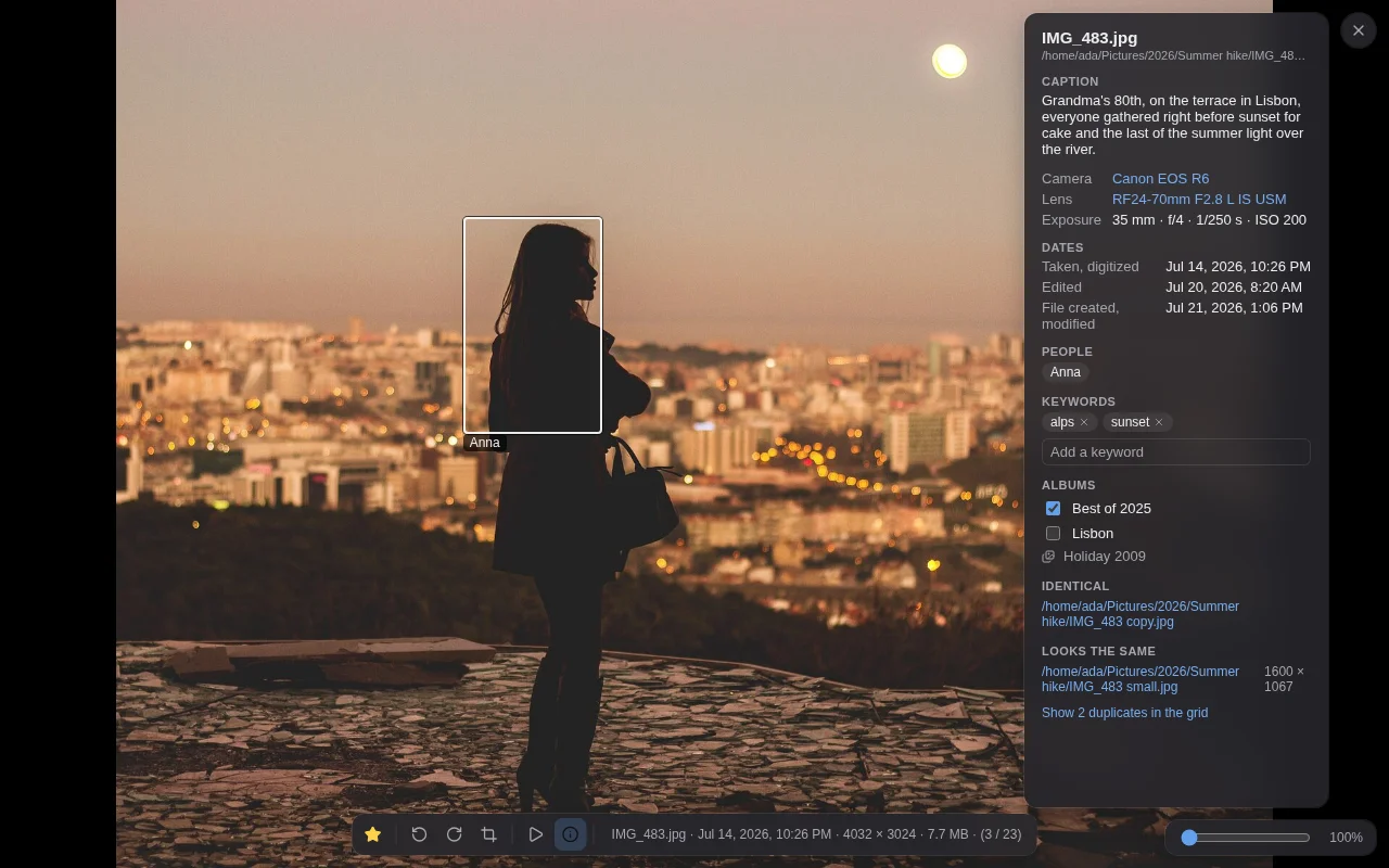 photon's viewer with the info panel open, listing camera, lens, exposure, dates, people, keywords and albums